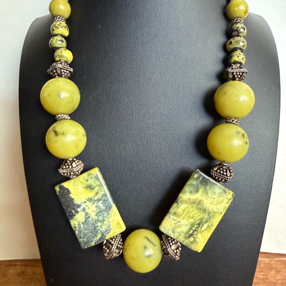 Yellow , Lime Green Beaded Necklace with Silver Accents